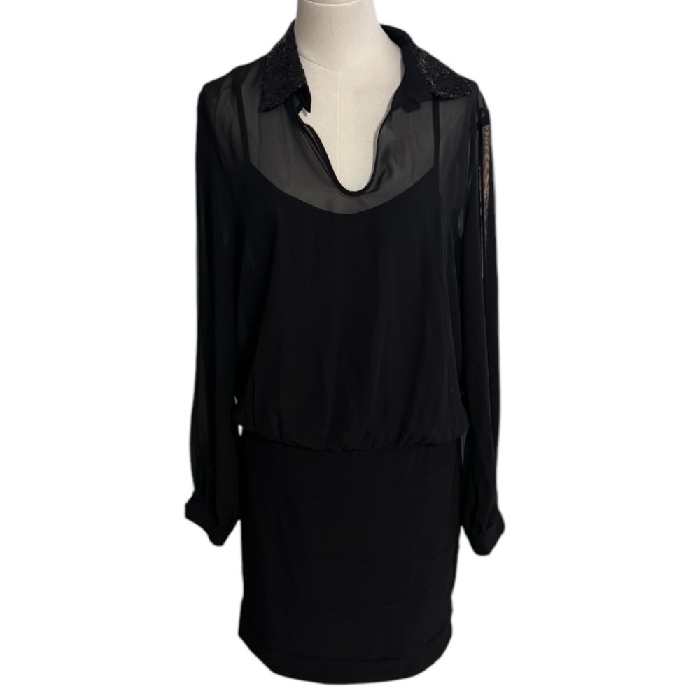 BISOU BISOU Little Black Dress Mini Sheer Long Slit‎ Sleeve Sequin Party Size 10